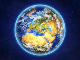 Bulgaria from space. Planet Earth with country borders and extremely high detail of planet surface and clouds.