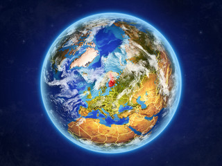 Finland from space. Planet Earth with country borders and extremely high detail of planet surface and clouds.