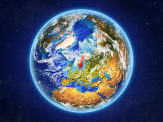 Sweden from space. Planet Earth with country borders and extremely high detail of planet surface and clouds.