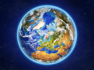 Norway from space. Planet Earth with country borders and extremely high detail of planet surface and clouds.