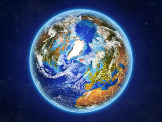 Iceland from space. Planet Earth with country borders and extremely high detail of planet surface and clouds.