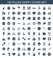 happy icons. Set of 100 filled happy icons included emot in love, smoking emot, balloon, present on white background. Editable happy icons for web, mobile and infographics.