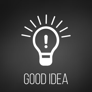 light bulb with rays and exclamation mark, good idea concept. vector illustration isolated on black background.