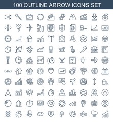 arrow icons. Set of 100 outline arrow icons included graph, thunderstorm, recycle, pendulum, dollar down on white background. Editable arrow icons for web, mobile and infographics.
