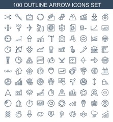 arrow icons. Set of 100 outline arrow icons included graph, thunderstorm, recycle, pendulum, dollar down on white background. Editable arrow icons for web, mobile and infographics.