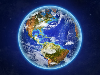 Puerto Rico from space. Planet Earth with country borders and extremely high detail of planet surface and clouds.