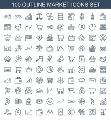 market icons. Set of 100 outline market icons included fast food cart, pie chart, percent, coin on white background. Editable market icons for web, mobile and infographics.