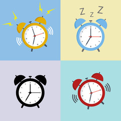 set of alarm clocks on a colorful background