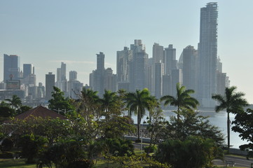 Fototapeta na wymiar Panama city with high skyscrapers and port on the Pacific coast