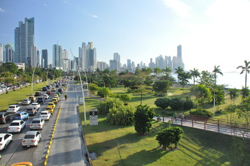 Panama city with high skyscrapers and port on the Pacific coast