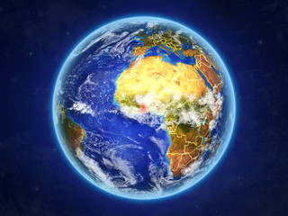Ghana from space. Planet Earth with country borders and extremely high detail of planet surface and clouds.