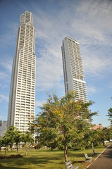 Panama city with high skyscrapers and port on the Pacific coast