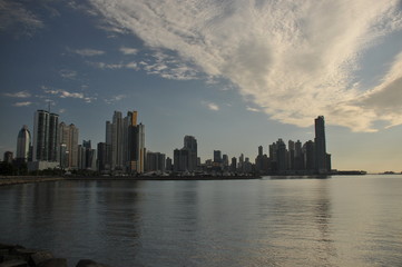 Panama city with high skyscrapers and port on the Pacific coast