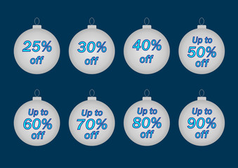 Set of sale vector labels with 25,30,40 and up to 50, 60, 70, 80, 90 off discount percent on Christmas balls against dark blue background