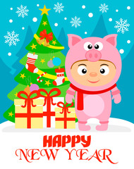 Happy New Year background with child in costume pig.Vector illustration