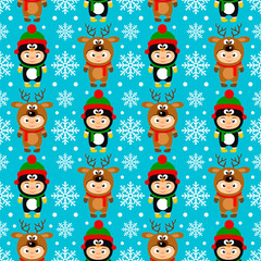 New Year seamless with kids in costume deer and penguin.Vector illustration