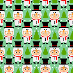 New Year seamless with kids in costume snowman.Vector illustration