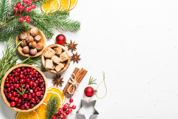 Christmas food baking background top view on white background.