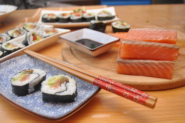 Sushi. Delicious meal with fish, rice and supplements, prepared at home.