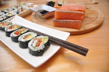 Sushi. Delicious meal with fish, rice and supplements, prepared at home.