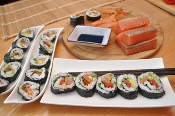Sushi. Delicious meal with fish, rice and supplements, prepared at home.
