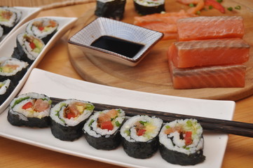Sushi. Delicious meal with fish, rice and supplements, prepared at home.