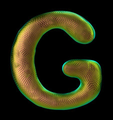 Letter G made of natural snake skin texture gold color. 3D letter render isolated on black.