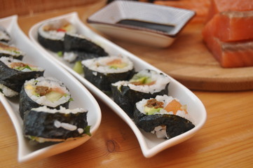 Sushi. Delicious meal with fish, rice and supplements, prepared at home.