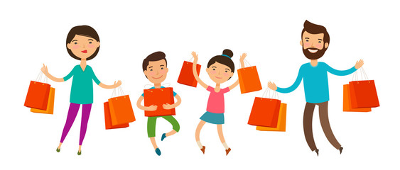 Happy family with packages or bags in their hands. Sale, shopping. Funny cartoon vector illustration