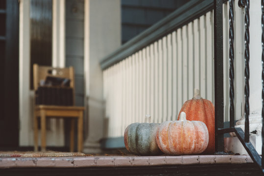 Halloween decorations in a city neighborhood
