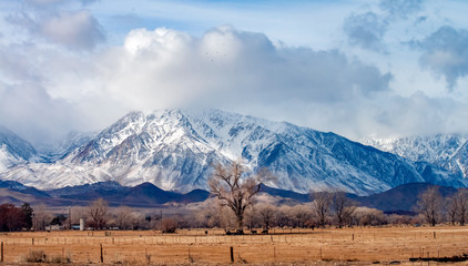 Owens valley ranch backed by the Eastern Sierra Nevada Mountains in California after a recent...