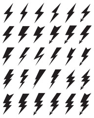 Black icons of thunder lighting on a white background
