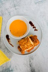 Butternut Squash Soup and Fried Chicken Biscuit 