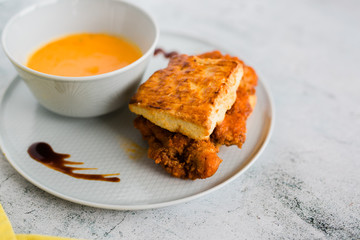 Butternut Squash Soup and Fried Chicken Biscuit 