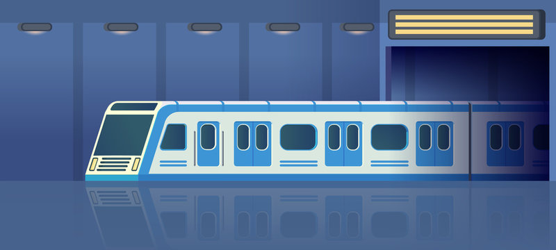 Railway subway or metro transport in tunnel moving on station. Passanger modern electric high-speed train. Underground public transport. Vector flat illustration.