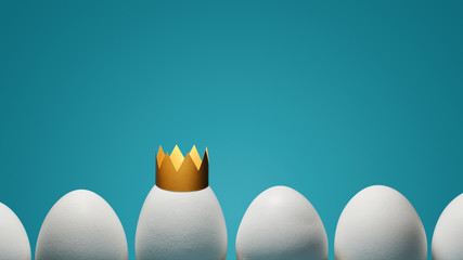 Concept of individuality, exclusivity, better choice. One white egg with golden crown among white...