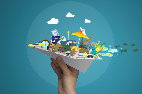 Paper airplane with rest attributes on blue background. The concept of a good vacation.