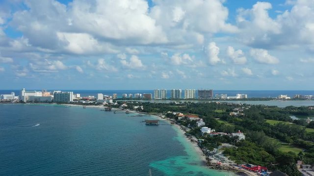 Aerial view of cityscape of Cancun, famous resort city by Caribbean Sea - landscape panorama of Yucatan Peninsula from above, Mexico, Central America, 4k UHD