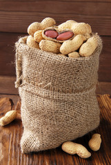 Peanuts in a peel in a bag on a wooden background.