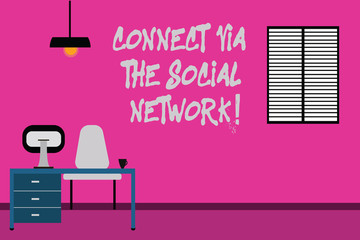 Writing note showing Connect Via The Social Network. Business photo showcasing Online communications networking advance Minimalist Interior Computer and Study Area Inside a Room