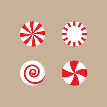 Christmas peppermint candy vector illustration icon set. Round red and white xmas, holiday candy with swirls. Isolated on beige background.