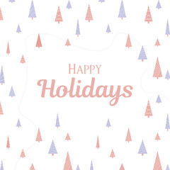 White Happy Holidays card with pattern of creative geometric fir trees.