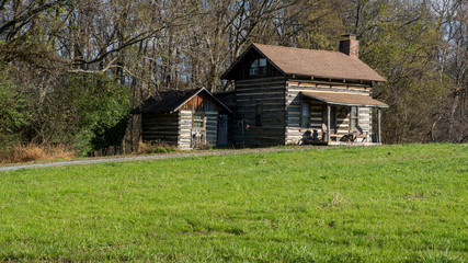 Old cabin in field next to woods