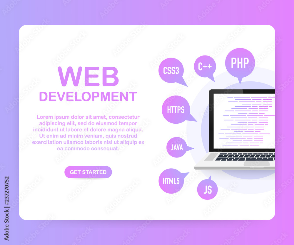 Poster programming, web development concept. code on the screen laptop. vector illustration.