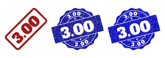 3.00 grunge stamp seals in red and blue colors. Vector 3.00 marks with grunge surface. Graphic elements are rounded rectangles, rosettes, circles and text labels. Designed for rubber stamp imitations.