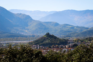 A view of the city of Kalampaka where the main attraction of the north of Greece is located - the Christian temple complex of Orthodox monasteries in Meteora rock monasteries