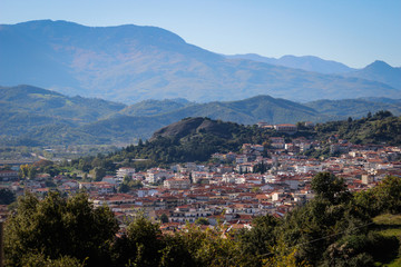 Fototapeta na wymiar A view of the city of Kalampaka where the main attraction of the north of Greece is located - the Christian temple complex of Orthodox monasteries in Meteora rock monasteries