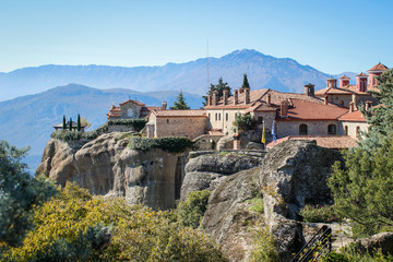 Fototapeta na wymiar The rocky temple Christian Orthodox complex of Meteora is one of the main attractions of the north of Greece and one of the oldest temples of the country, located high on the rocks.