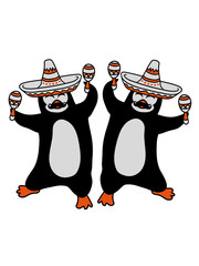 team paar 2 freunde mexiko mexikaner sombrero hut musik rasseln südamerika pinguin tanzen glücklich fröhlich vogel springen spaß party comic cartoon clipart design