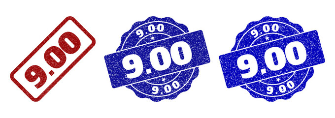 9.00 scratched stamp seals in red and blue colors. Vector 9.00 watermarks with draft style. Graphic elements are rounded rectangles, rosettes, circles and text labels.